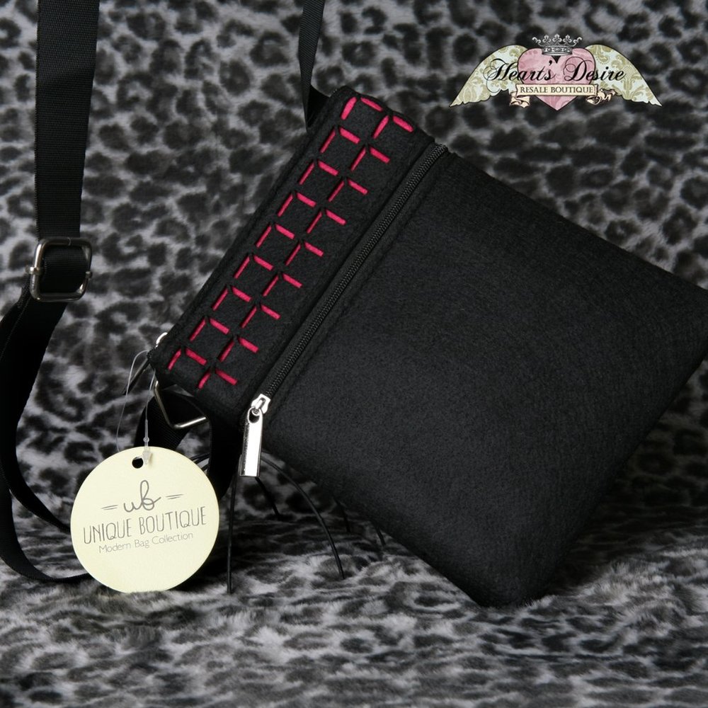 Unique Boutique Black Modern Crossbody Bag Adjustable Strap Geometric Cutouts